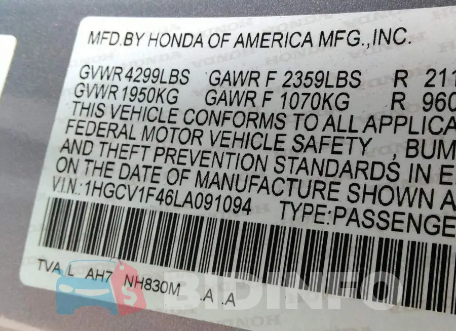 1HGCV1F46LA091094 Photo# 9