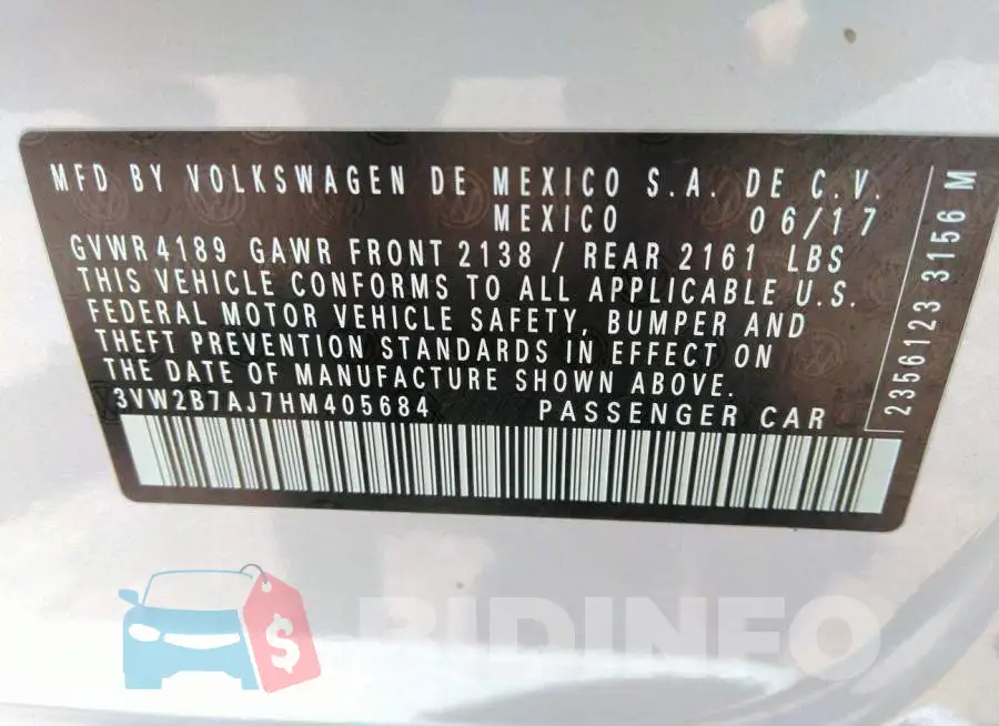 3VW2B7AJ7HM405684 Photo# 9