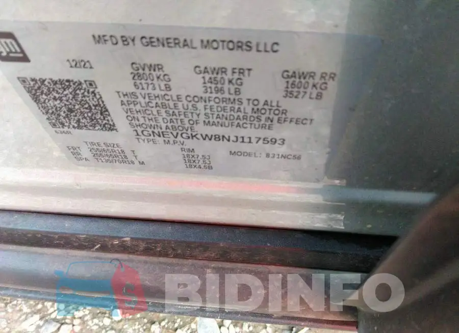 1GNEVGKW8NJ117593 Photo# 9