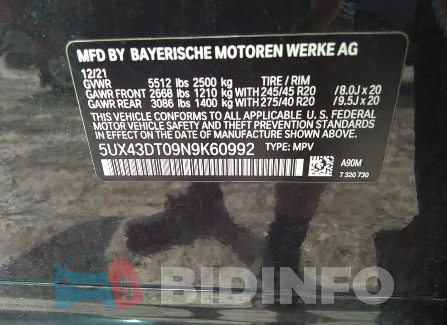 5UX43DT09N9K60992 Photo# 9
