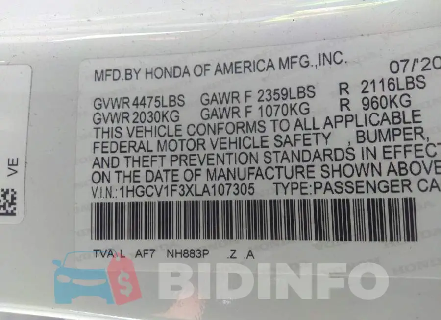 1HGCV1F3XLA107305 Photo# 9