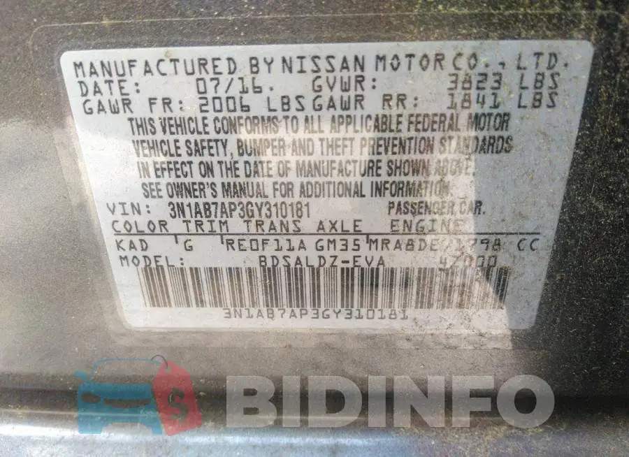 3N1AB7AP3GY310181 Photo# 9