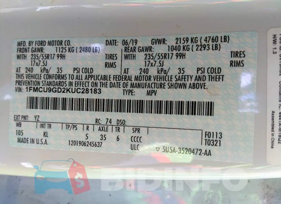 1FMCU9GD2KUC28183 Photo# 9