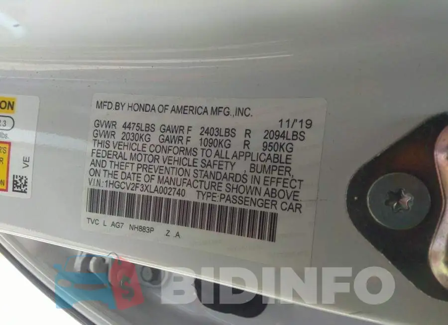 1HGCV2F3XLA002740 Photo# 9