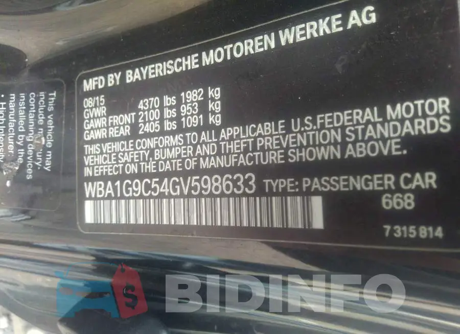 WBA1G9C54GV598633 Photo# 9
