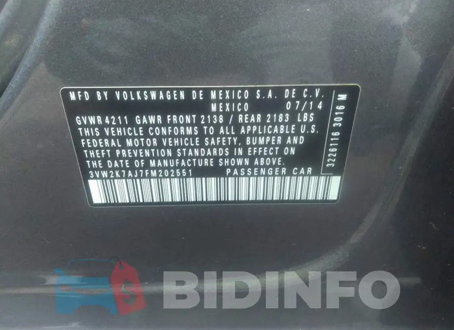 3VW2K7AJ7FM202551 Photo# 9