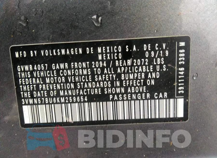 3VWN57BU6KM259654 Photo# 9