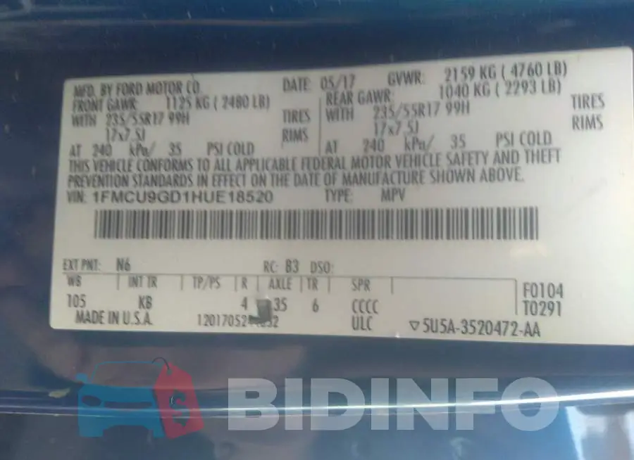 1FMCU9GD1HUE18520 Photo# 9