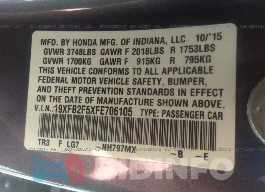 19XFB2F5XFE706105 Photo# 9