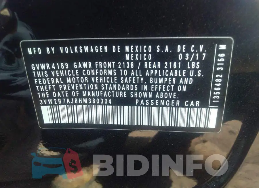3VW2B7AJ8HM360304 Photo# 9