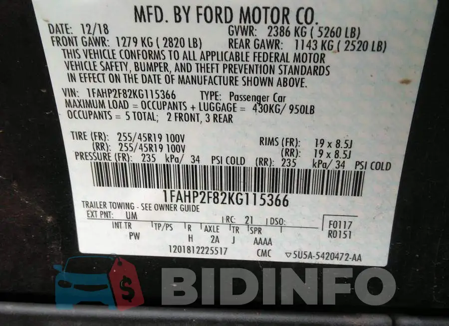 1FAHP2F82KG115366 Photo# 9
