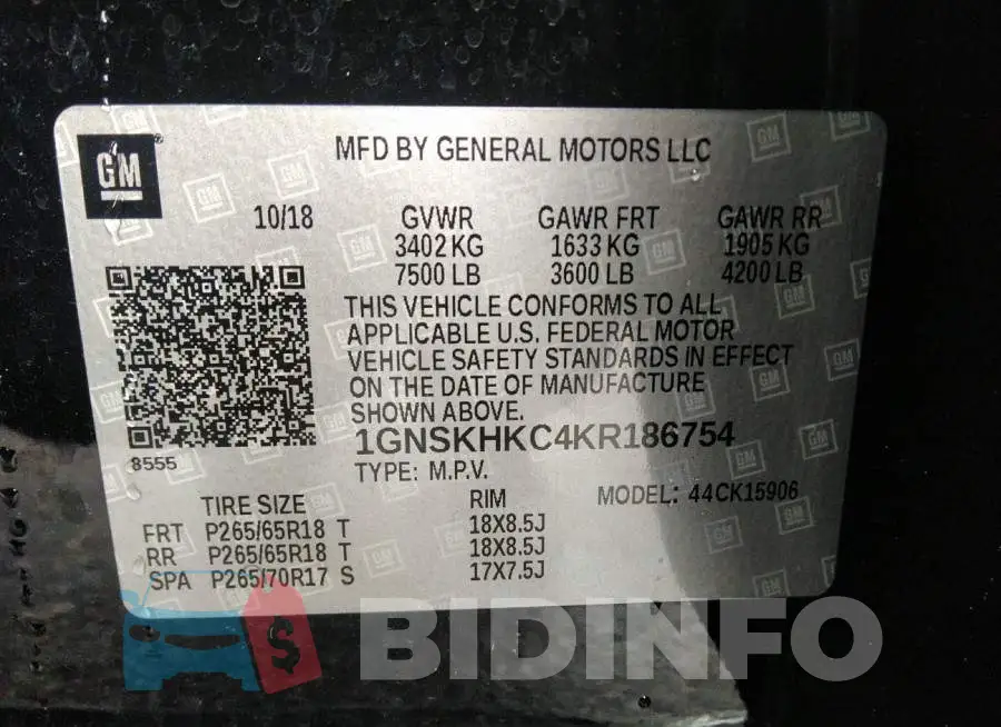 1GNSKHKC4KR186754 Photo# 9