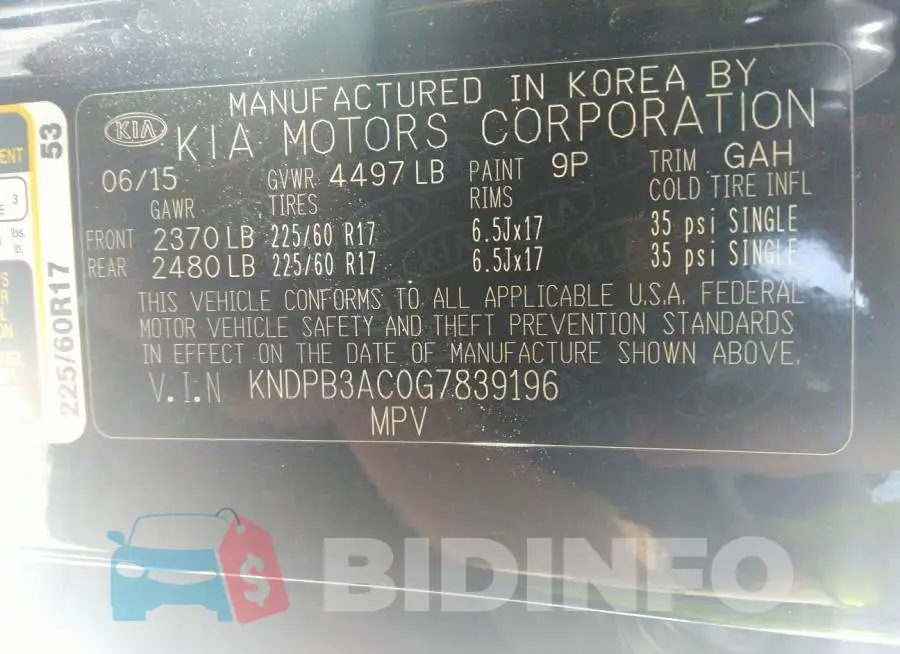 KNDPB3AC0G7839196 Photo# 9