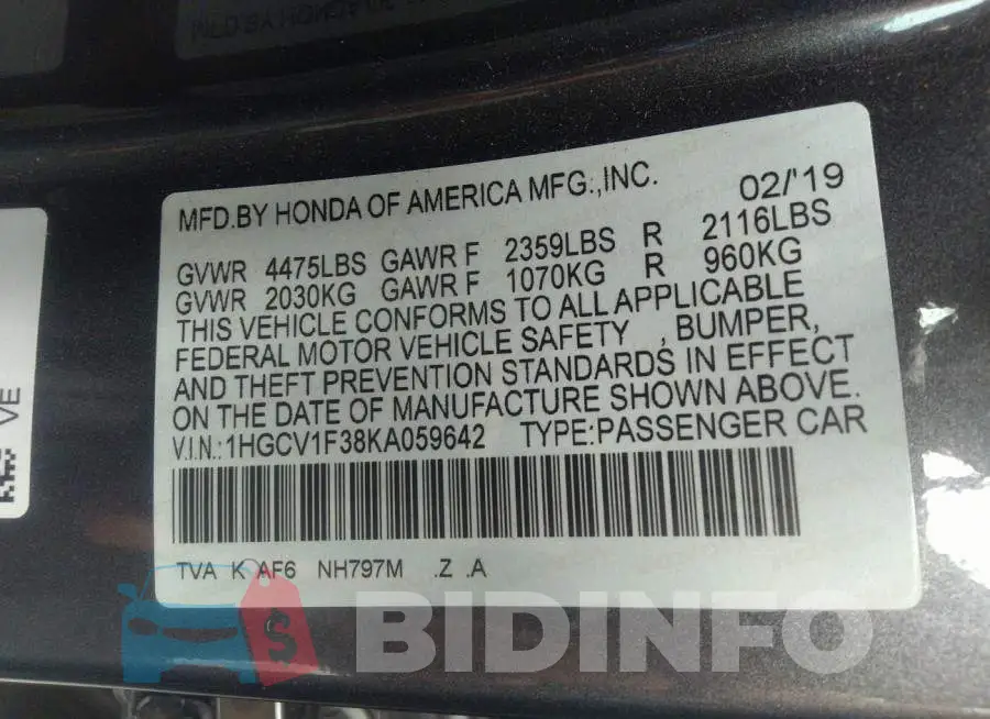 1HGCV1F38KA059642 Photo# 9