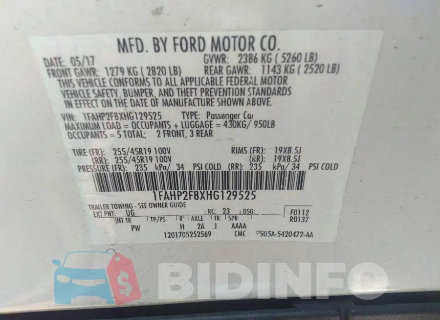 1FAHP2F8XHG129525 Photo# 9