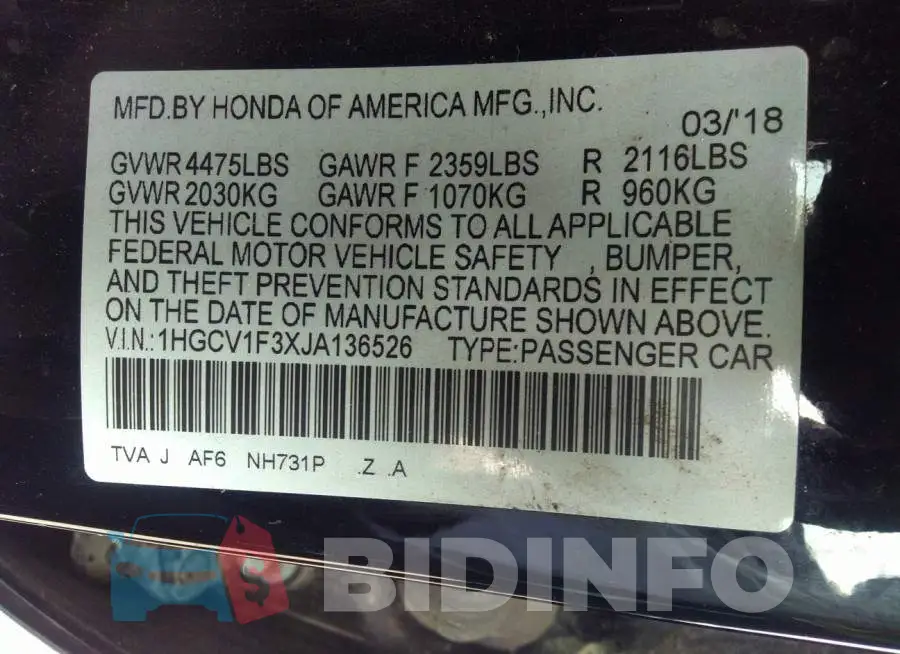 1HGCV1F3XJA136526 Photo# 9