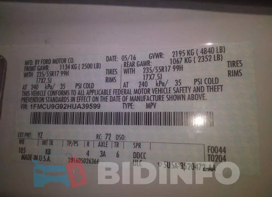 1FMCU9G92HUA39599 Photo# 9