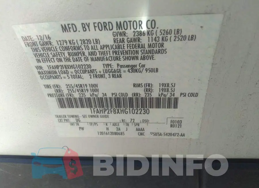 1FAHP2F8XHG102230 Photo# 9