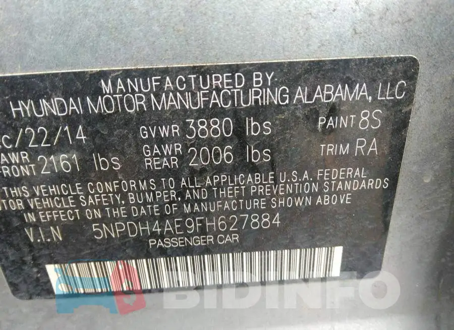 5NPDH4AE9FH627884 Photo# 9