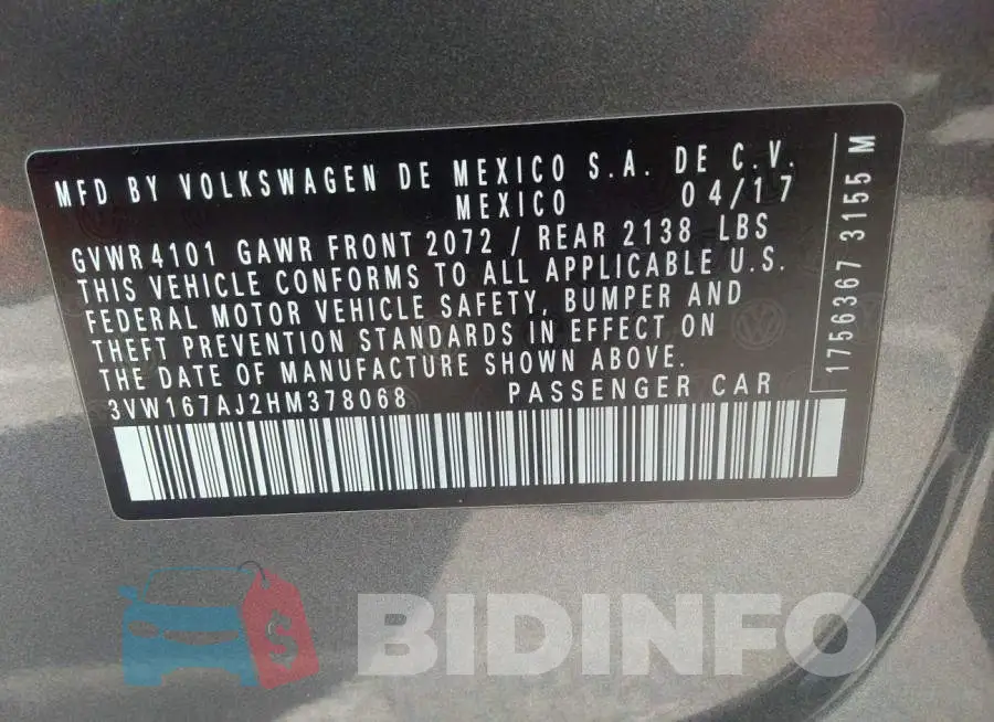 3VW167AJ2HM378068 Photo# 9