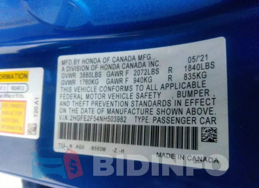 2HGFE2F54NH503982 Photo# 9