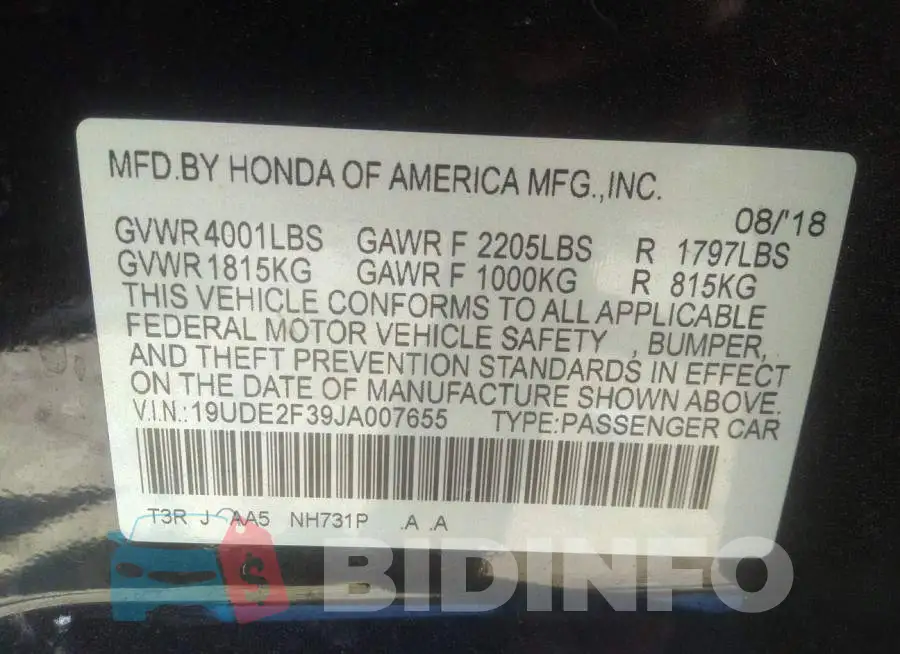 19UDE2F39JA007655 Photo# 9