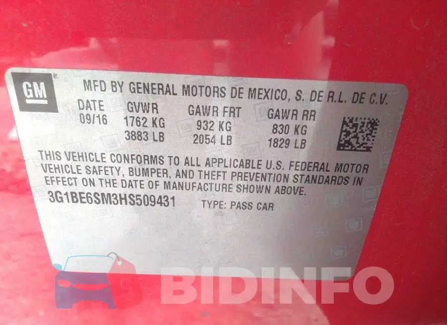 3G1BE6SM3HS509431 Photo# 9