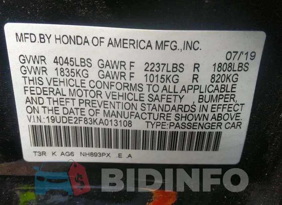 19UDE2F83KA013108 Photo# 9