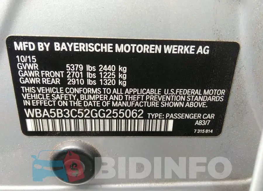 WBA5B3C52GG255062 Photo# 9