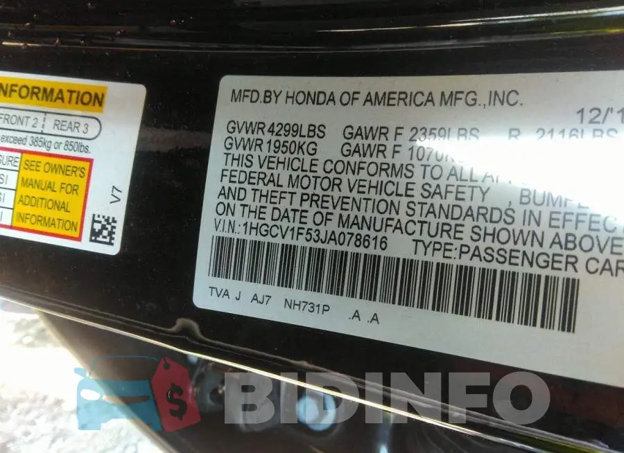 1HGCV1F53JA078616 Photo# 9