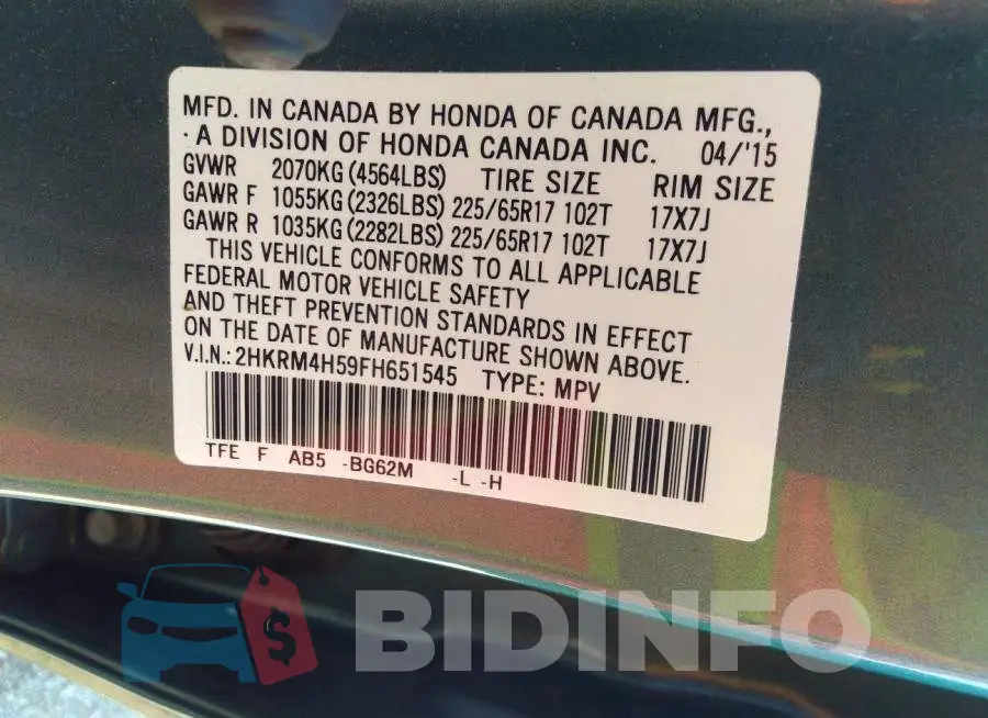 2HKRM4H59FH651545 Photo# 9