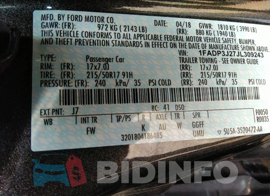 1FADP3J27JL309243 Photo# 9