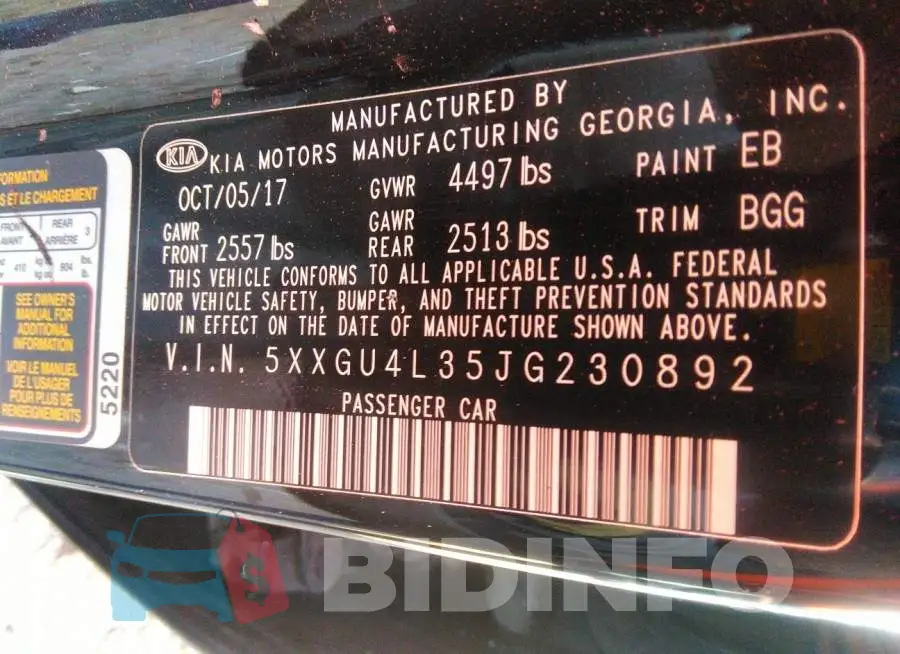 5XXGU4L35JG230892 Photo# 9
