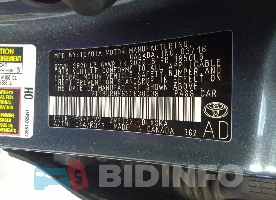 2T1BURHE6GC630008 Photo# 9