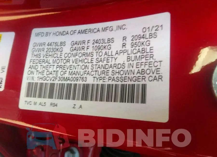 1HGCV2F30MA009763 Photo# 9