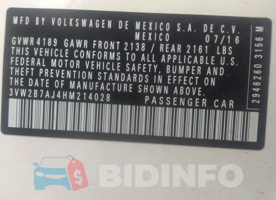 3VW2B7AJ4HM214028 Photo# 9