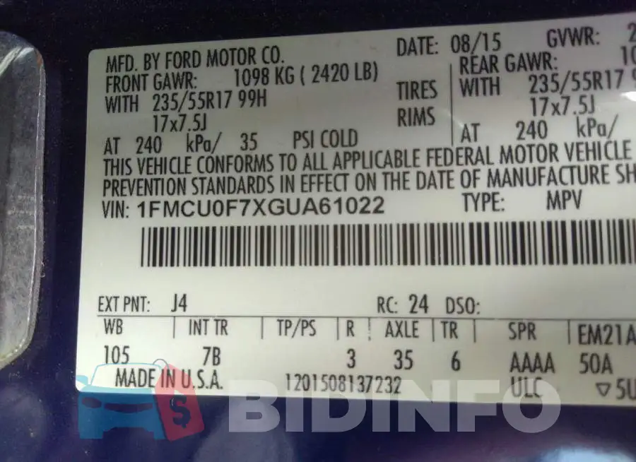 1FMCU0F7XGUA61022 Photo# 9