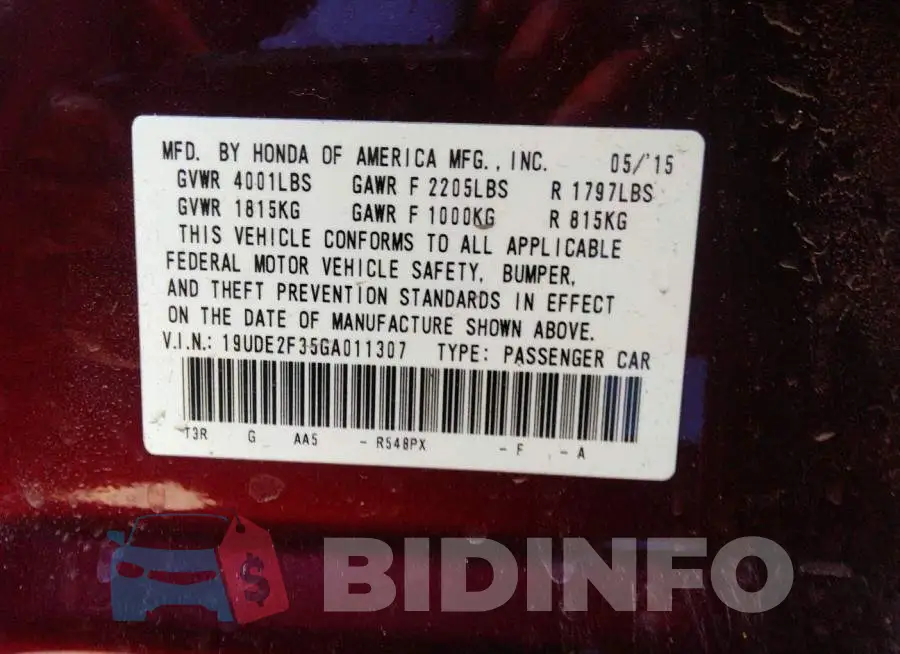 19UDE2F35GA011307 Photo# 9