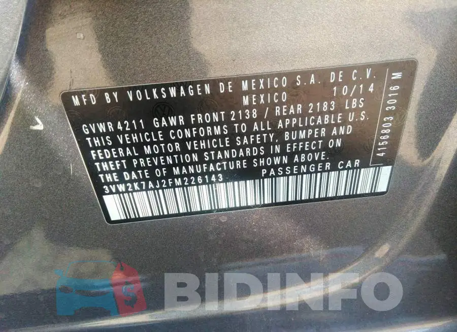 3VW2K7AJ2FM226143 Photo# 9