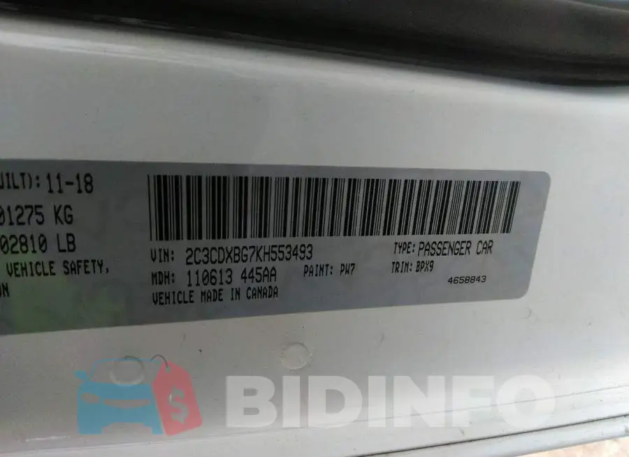 2C3CDXBG7KH553493 Photo# 9
