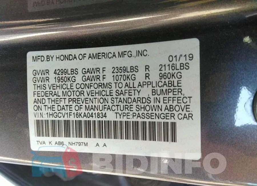 1HGCV1F16KA041834 Photo# 9