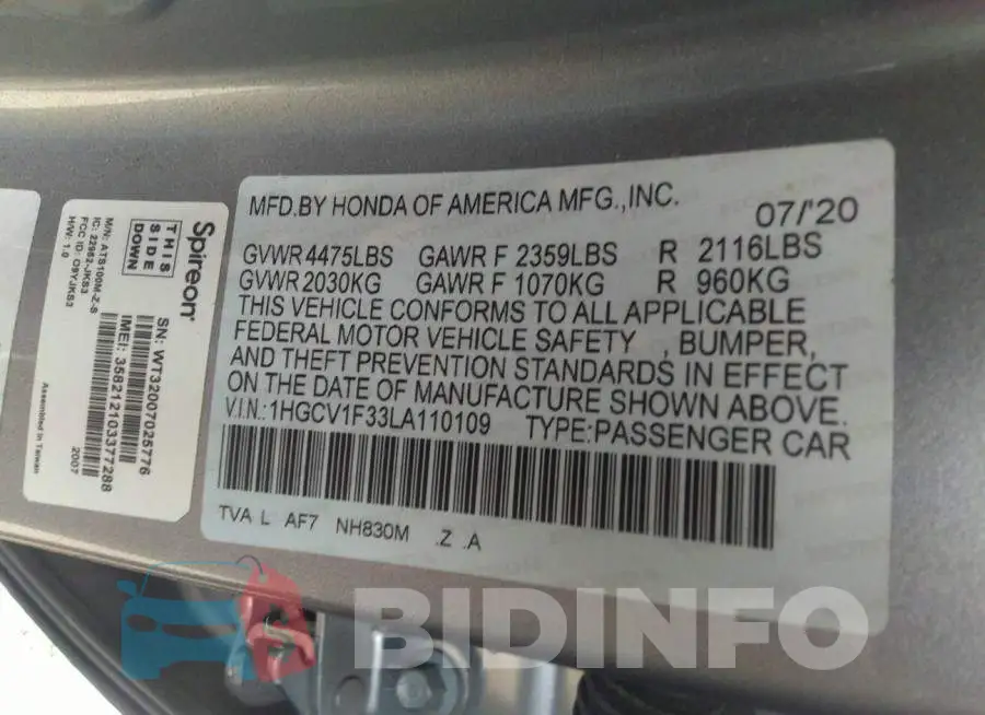 1HGCV1F33LA110109 Photo# 9