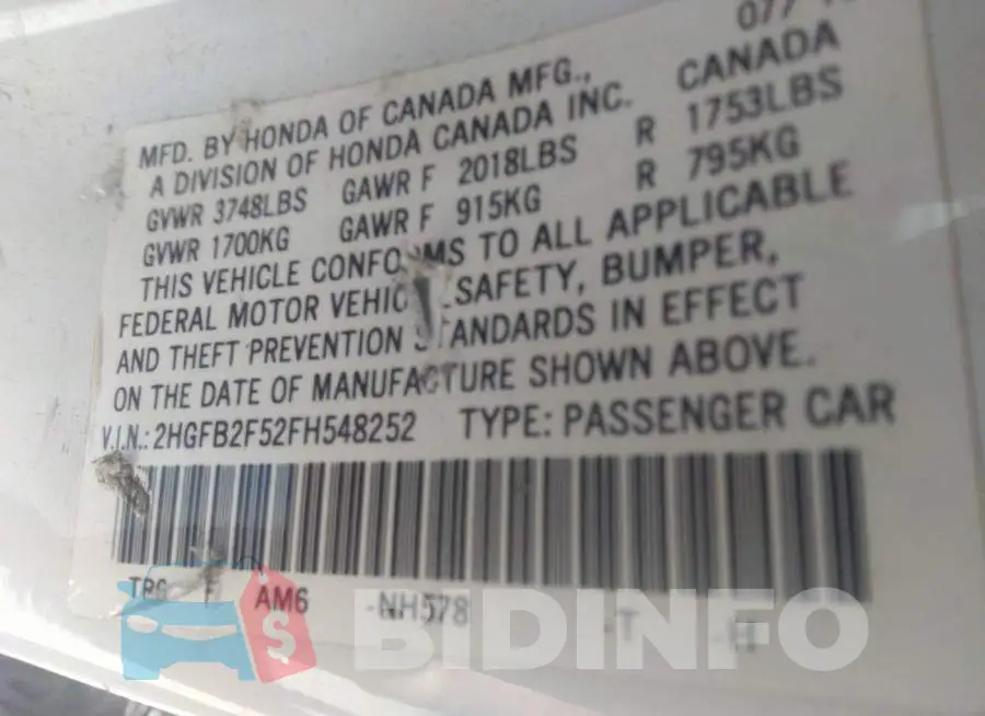 2HGFB2F52FH548252 Photo# 9