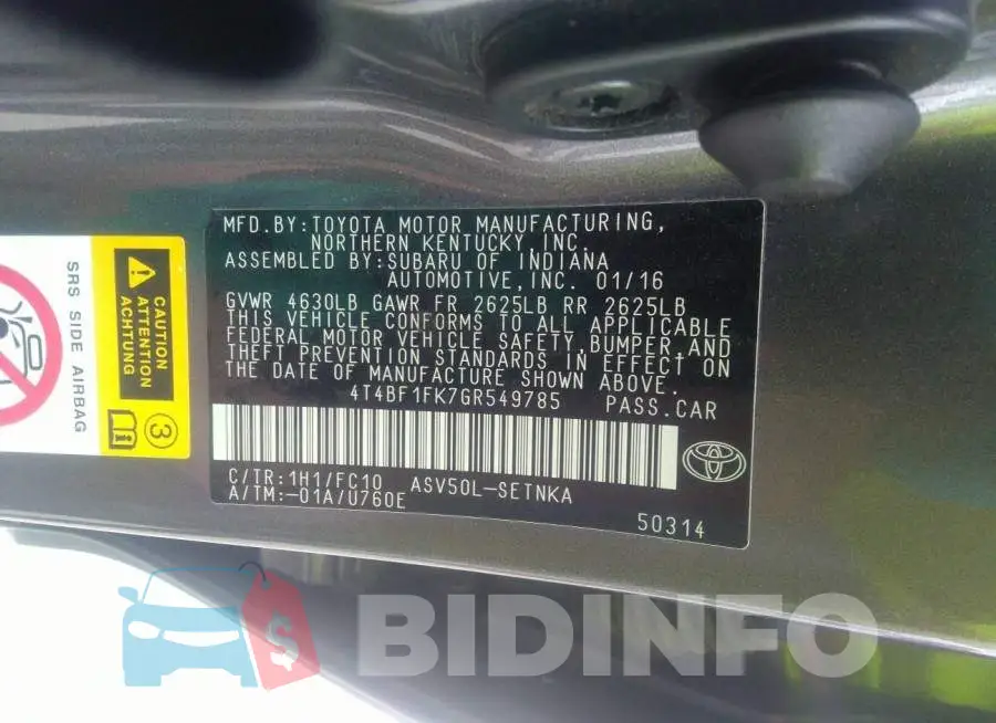 4T4BF1FK7GR549785 Photo# 9