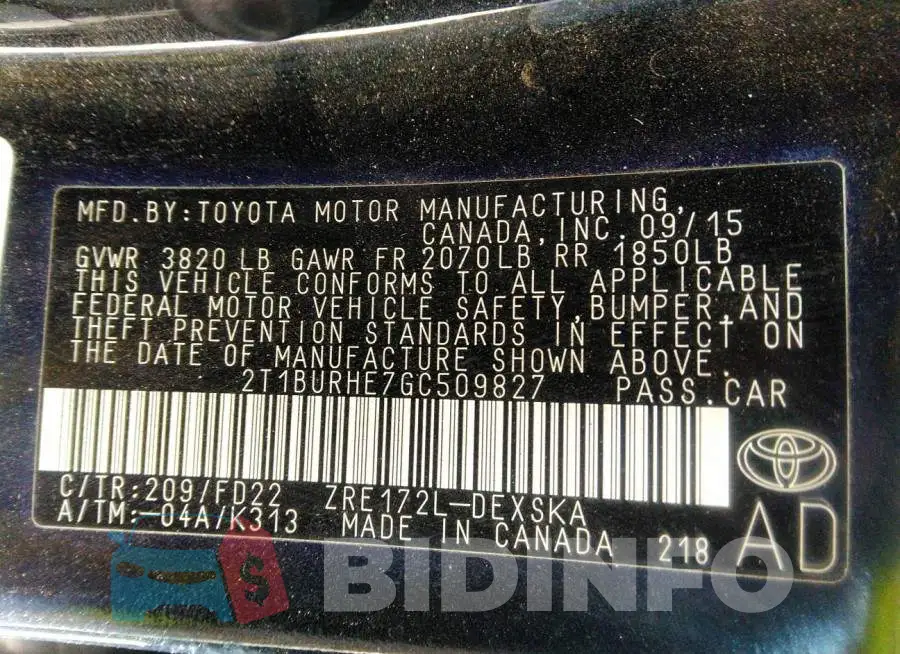 2T1BURHE7GC509827 Photo# 9