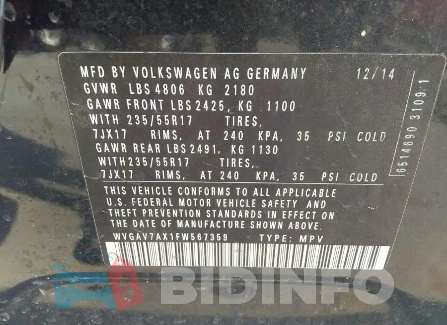 WVGAV7AX1FW567359 Photo# 9
