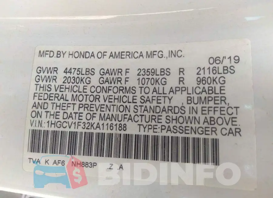 1HGCV1F32KA116188 Photo# 9