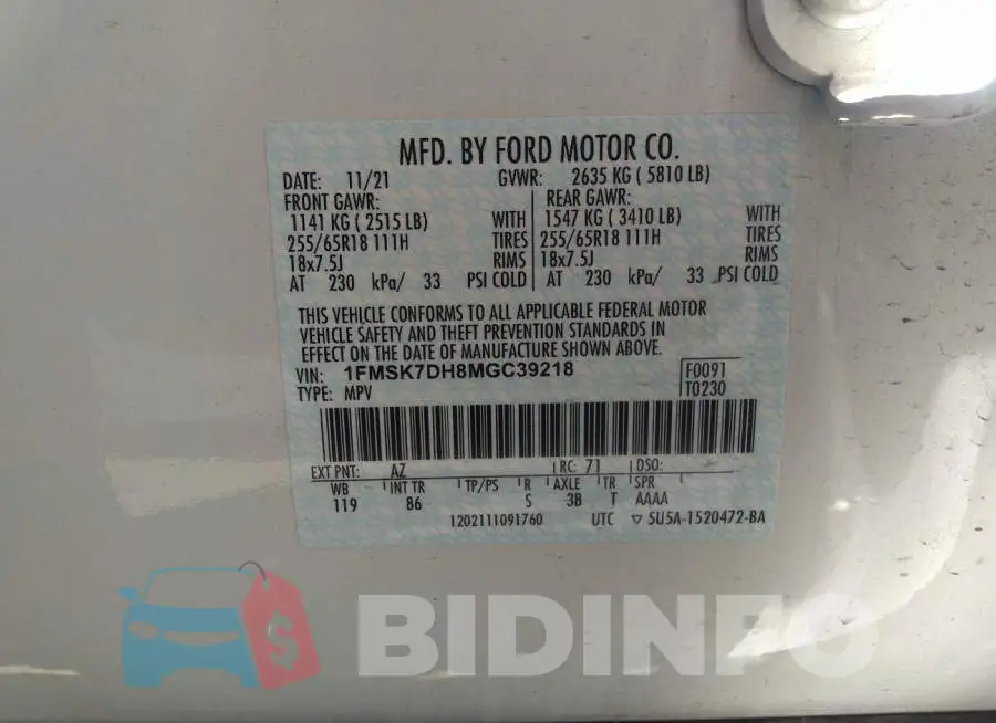1FMSK7DH8MGC39218 Photo# 9