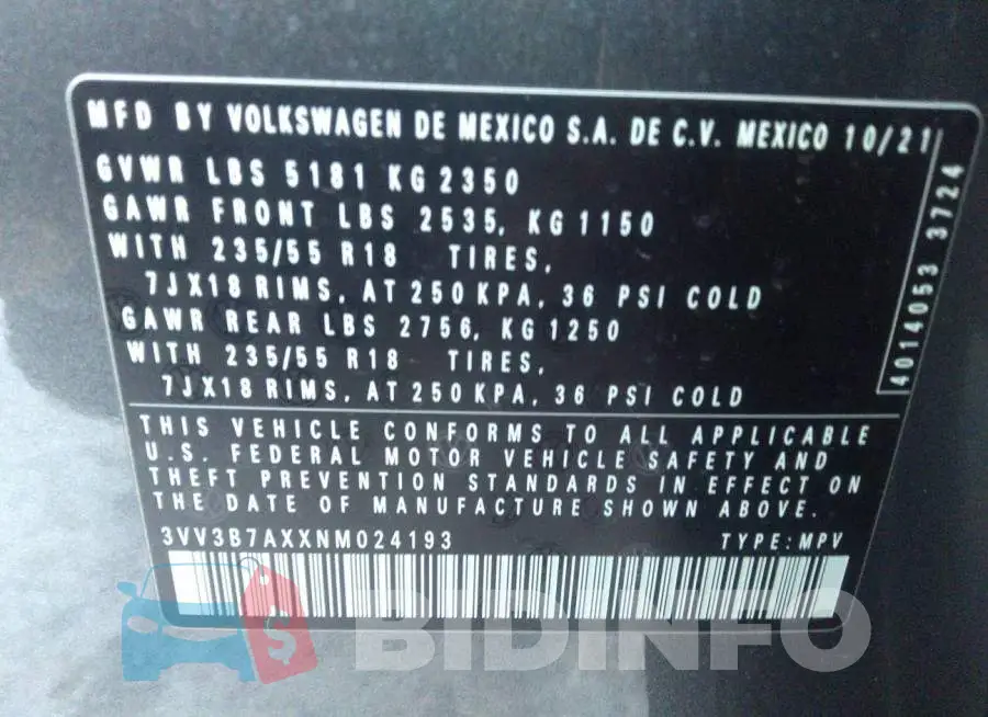 3VV3B7AXXNM024193 Photo# 9