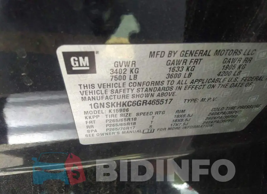 1GNSKHKC6GR465517 Photo# 9